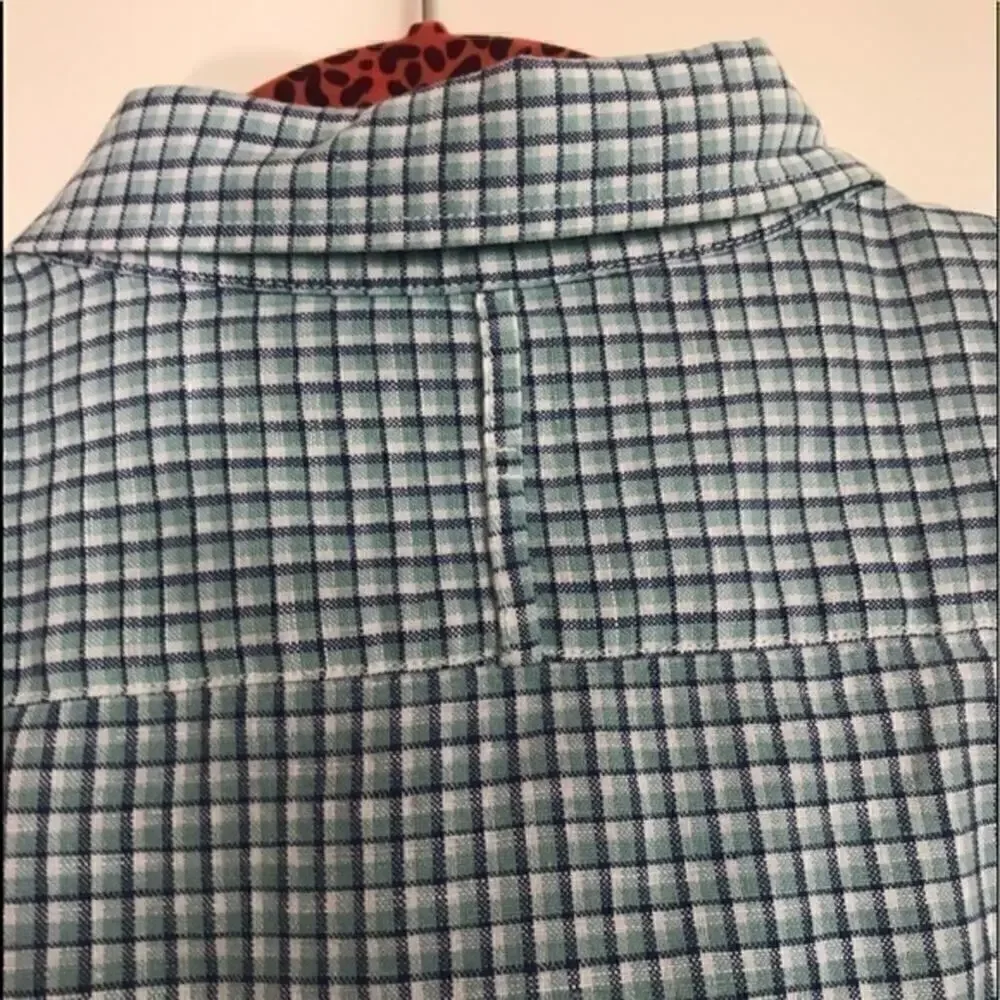 Banana Republic Slim Fit Blue & Green Plaid Linen Shirt Size Large